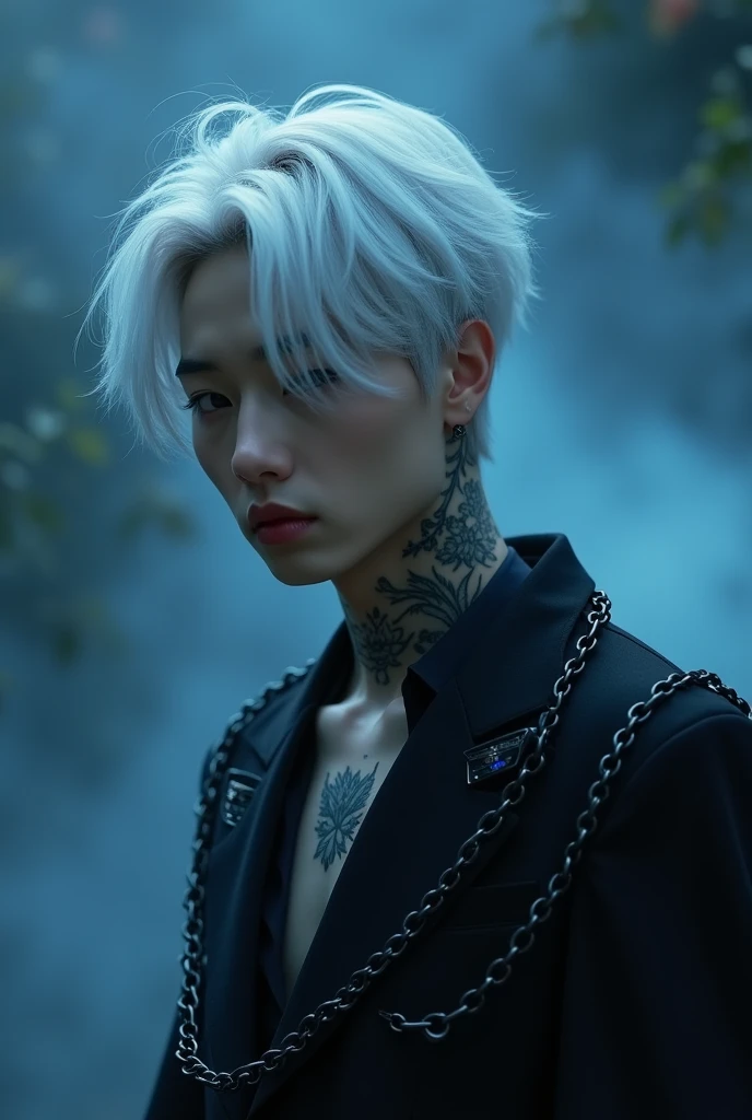 make me a HD picture. a handsome 20 year old Korean young man.white hair slightly bluish.wearing black clothes. there is a flower tattoo on her neck. is bowing his head with many styles.displays "CHAIN" on his clothes. divine dark and smoky thin background.detailed and clear creation.blue light font.