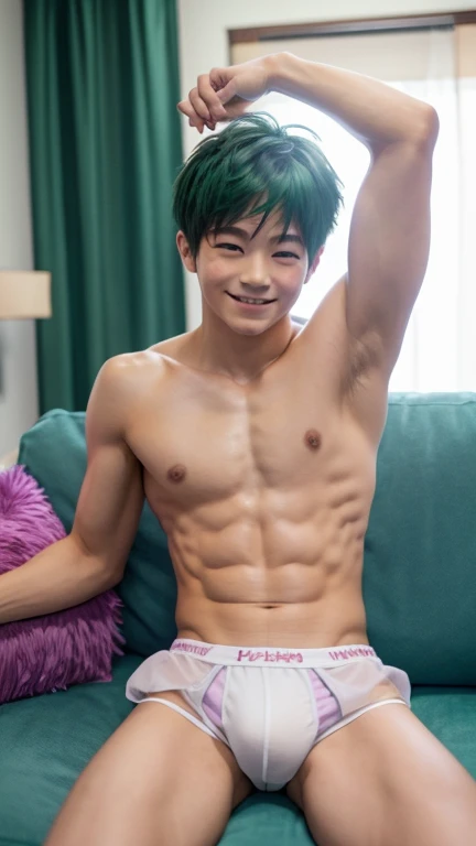 Japanese men、、Well-developed muscles and smooth skin、Fluffy light green hair、Light purple boxer briefs、See your whole body from head to toe、Hero Academy、Sofa set、With a smile