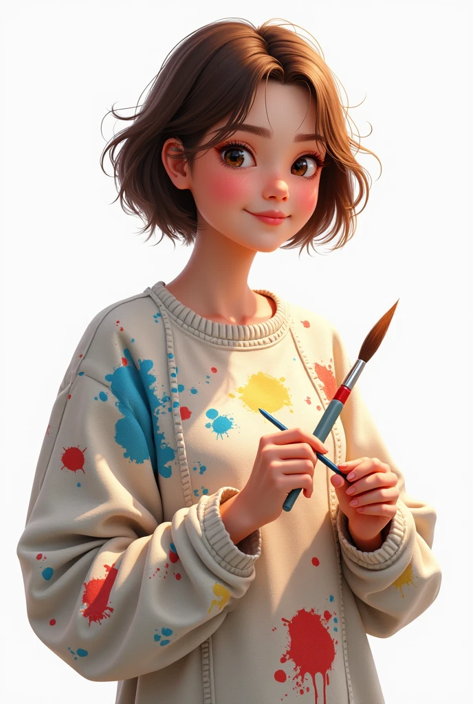 A 22-year-old girl with brown hair and short hair, holds a brush in his hand.
Wear a smock full of paint splatters, It is a smiling and realistic photo, WITH WHITE BACKGROUND