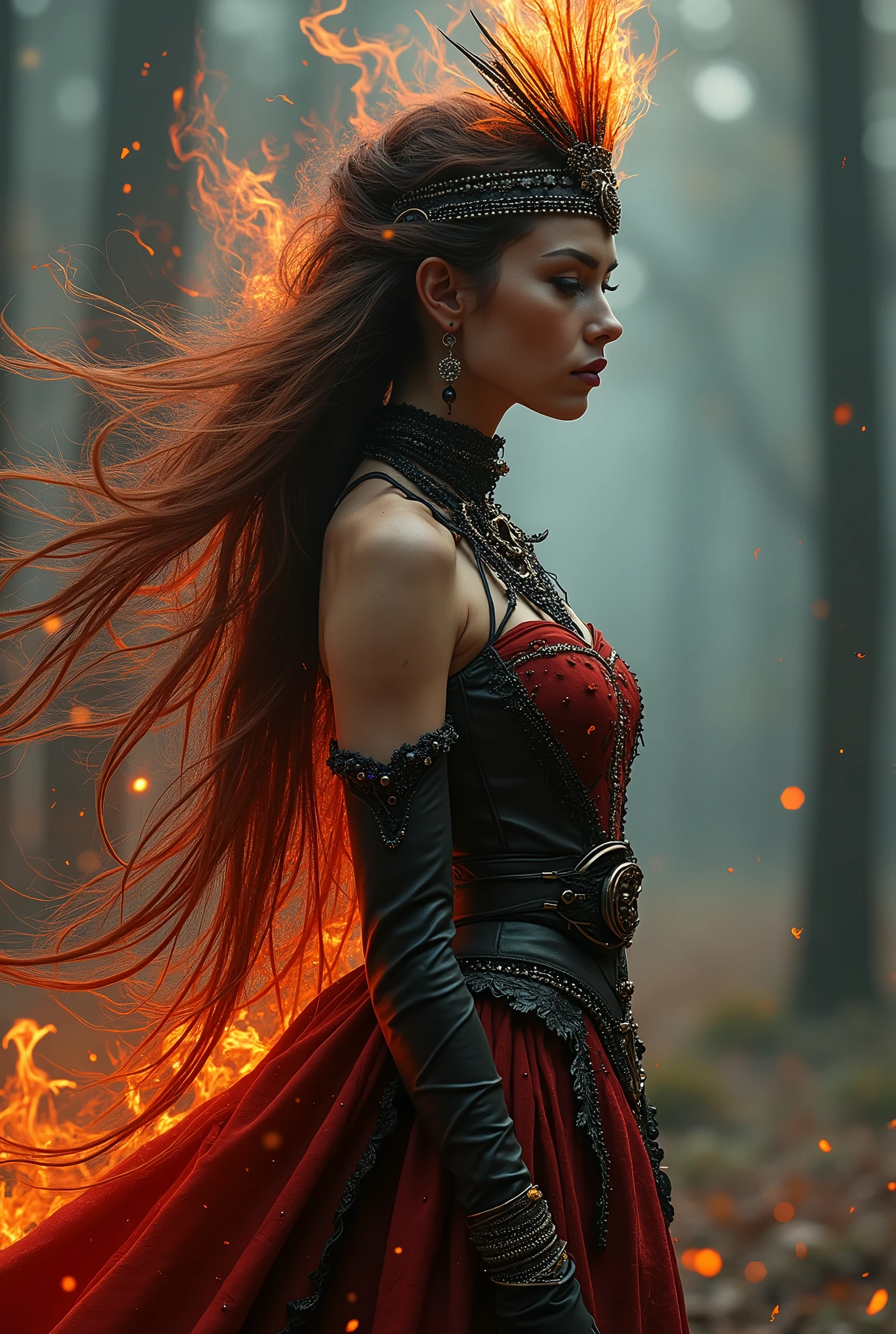 (face mista de Cara Delevigne),((face mista de Avril Lavigne)),((face mista de Kate Bekinsale)),((face mista de Alexandra Daddario)),In an astonishing display of photorealism, behold the manifestation of a mesmerizing fantasy witch girl. She materializes before you, her body composed entirely of roaring dark flames that emanate a deep, smoky glow. The flames cascade and flicker with an entrancing combination of dark reds, blacks, and greys, exuding an overwhelming sense of power and raw energy. Her piercing eyes, ablaze with an orange light, captivate your gaze, reflecting the intense heat within. Despite her fiery form, her face bears the intricate makeup of a skull, adding an eerie and haunting touch to her visage. Her attire, meticulously crafted, is a fusion of steampunk Lady Mechanika style entwined with elements of Native American, Wiccan, Viking, and Gothic fashion. This amalgamation of styles creates a truly unique and enchanting ensemble, embodying the intersection of elegance and elemental chaos. Surrounded by a fantastical realm, the environment that envelopes her is a breathtaking sight to behold. Ethereal landscapes stretch beyond the horizon, bathed in a mystical atmosphere. Enigmatic elements dance in the air, further enhancing the magical ambiance of the scene. To bring this captivating image to life, the digital artwork will employ the finest attention to detail, utilizing a masterful interplay of dark colors, seamless fluid lines, and intricate textures. The result will be a dynamic and captivating rendering that showcases the ethereal beauty and fiery essence of the fantasy witch girl, leaving viewers in awe of her presence. [ar] --ar 16:9 [v] --v 5