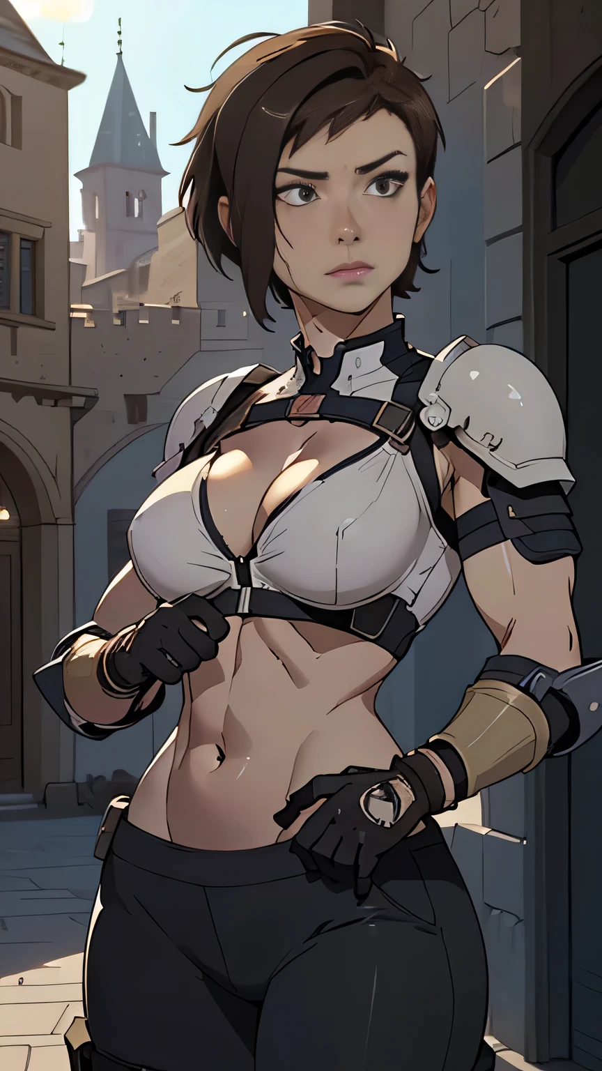 photo of mlp Meowko, RAW, beautiful woman, ((portrait)), ((detailed face:1.2)), ((anime face, anime facial feature, beautiful anime mouth, clear skin, clear skin), (short messy lesbian haircut, one shaved side, brunette: 1.55), (perfect proportioned body, Strong, muscular, narrow waist, narrow hips, skinny, large breasts), ((she wears a detailed tactical gear:1.1), (body armor, chest plate, exposed belly button:1.1), combat pants, gloves), detailed background, castle courtyard, pavilion, fantasy city, (action shot, fighting), (realistic photo, best quality, detailed), (8k wallpaper), (cinematic lighting, beautiful light, (day:1.3)) (sharp focus, intricate)