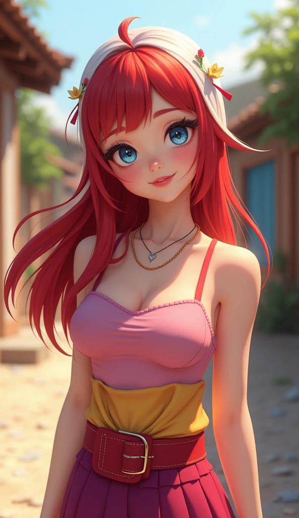 Large woman, red and white medium straight hair, thin eyebrows, narrow eyes, eyeshadow, blue eyes, light pink lipstick, light makeup, pink and yellow camisole, necklace, red-purple miniskirt and thick red belt, hairpin, detailed beautiful face, sparkling eyes, looking up at the viewer, adorable, colorful depiction, healthy, strong sunlight, dynamic movement, 8K, beautiful and nostalgic village scenery, amazing smile,