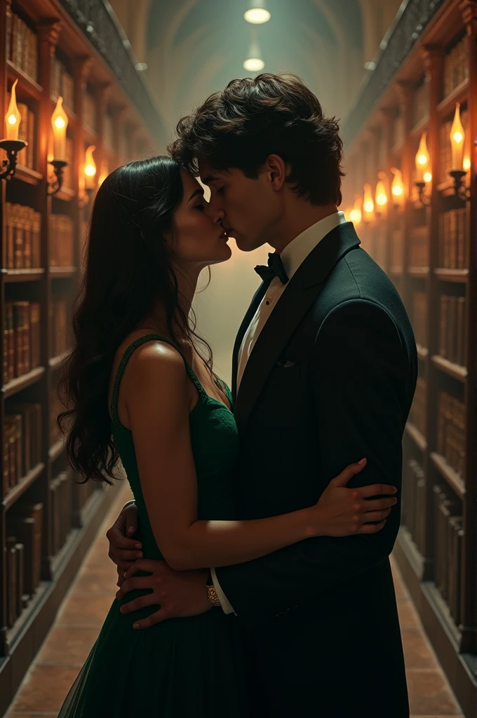 Generates an image of Lorenzo Zurzolo as Theodore Nott kissing a black-haired girl with dark brown Slytherin eyes. Both in the Hogwarts library.