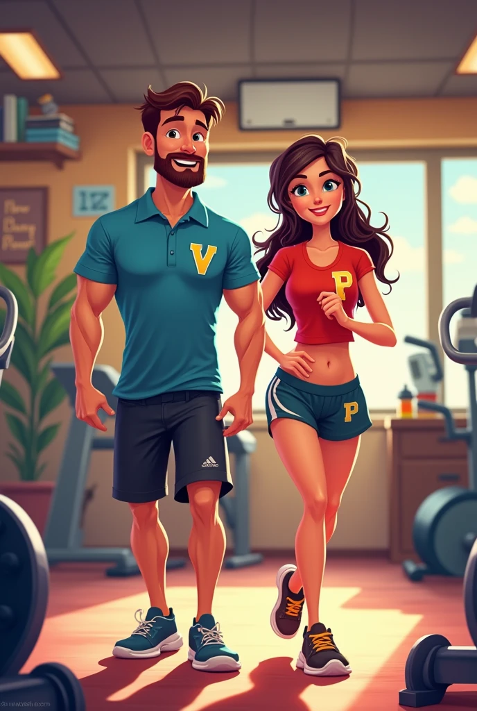 Draw a couple training animatedly in the gym, that the man wears the letter V on the polo shirt and the woman the letter P on her shorts