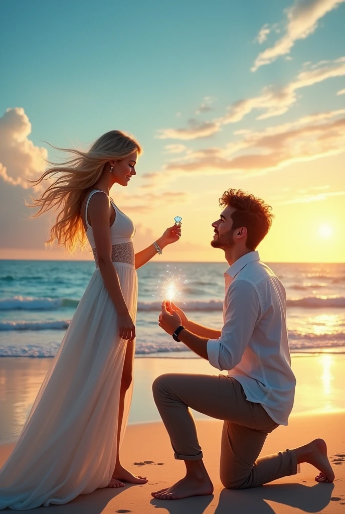 Realistic image of a blonde woman with blue eyes and her boyfriend, a man with curly brown hair, proposing to her on the beach with a ring embedded in it