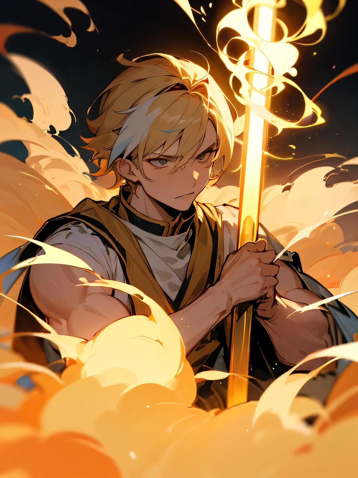 solo, upperbody, divine, blonde and black streaked hairstyle, tsurime, God Almighty, God's staff, dry ice, smoke, the strongest power,god golden sky