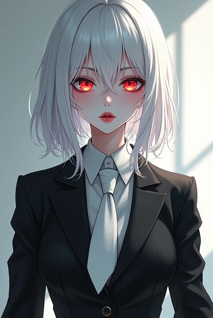 anime girl with white hair, albino eyes, pale skin, Red lips, black suit with white tie