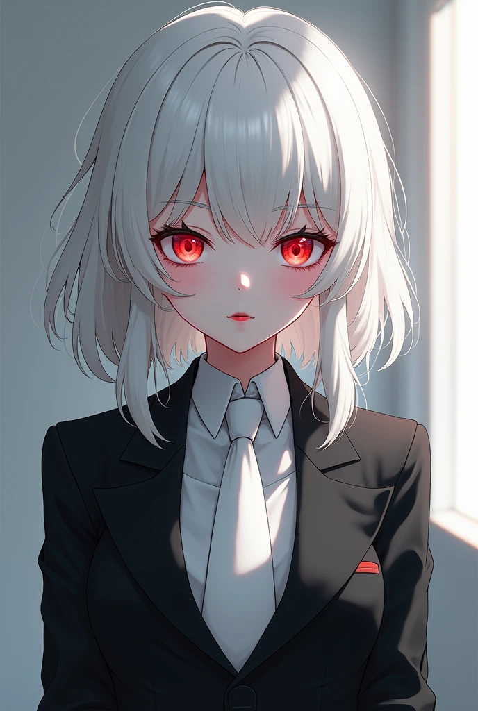 anime girl with white hair, albino eyes, pale skin, Red lips, black suit with white tie