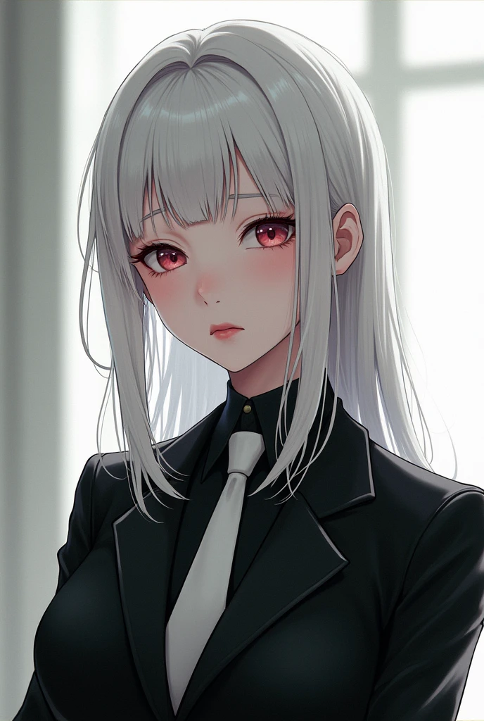 anime girl with white hair, albino eyes, pale skin, Red lips, black suit with white tie