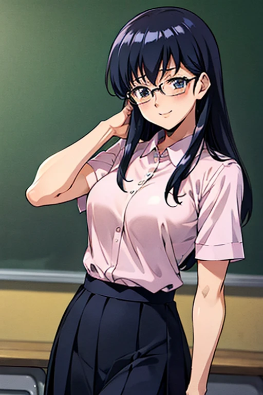 ((Anime Style))、((female teacher))、３０age、pink collared shirt、BREAK、High resolution、high quality、masterpiece、Classroom Pulpit、smile、Long skirt、Glasses、long hair、have white chalk