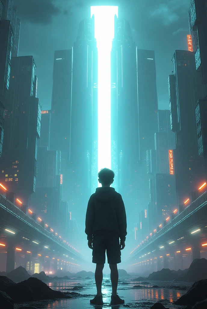 an 18 year old boy, behind him a futuristic city, and in the center a building that emits a blinding light 