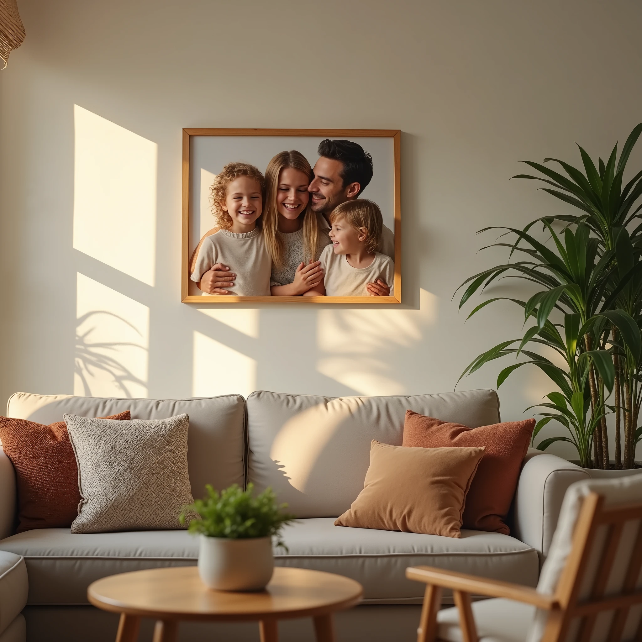 (smiling family:1.2), (happy scene:1.0), (living room:1.1), (family photo:1.0), (parents and two children:1.0), (smiling faces:1.0), (cozy atmosphere:1.0), (framed photo on wall:1.0), (warm lighting:1.0), (comfortable sofa:1.0), (decorative plants:1.0), (wooden furniture:1.0), (family bond:1.0), (memorable moment:1.0), (home decor:1.0)
