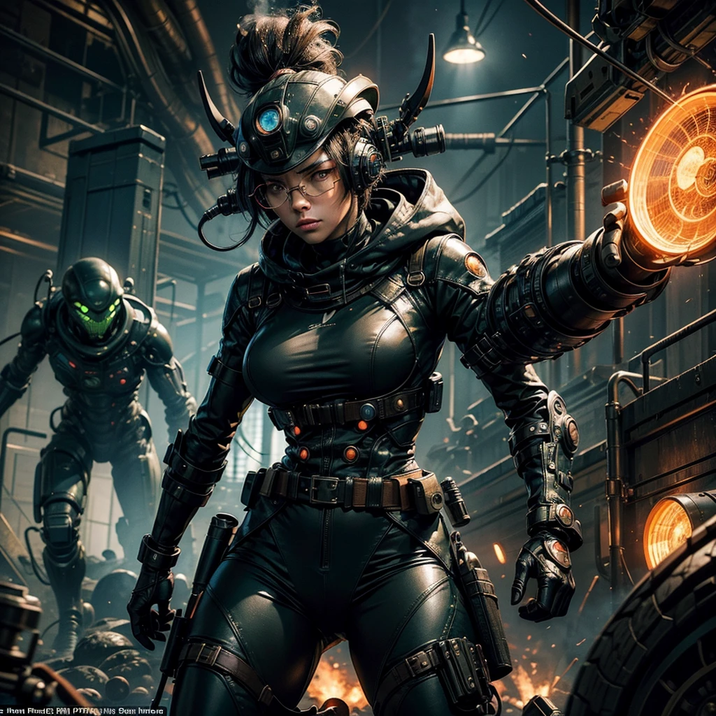 A woman with round glasses, sporting a futuristic steampunk military uniform, standing confidently facing an intimidating alien adversary in the midst of a battle-ready stance. The alien, with slimy tentacles and glowing eyes, looms menacingly in the background, as the woman's determined expression conveys her unwavering courage in the face of extraterrestrial threat. The setting is a gritty, industrial backdrop with flickering neon lights and billowing steam, adding to the tension of this intergalactic showdown.