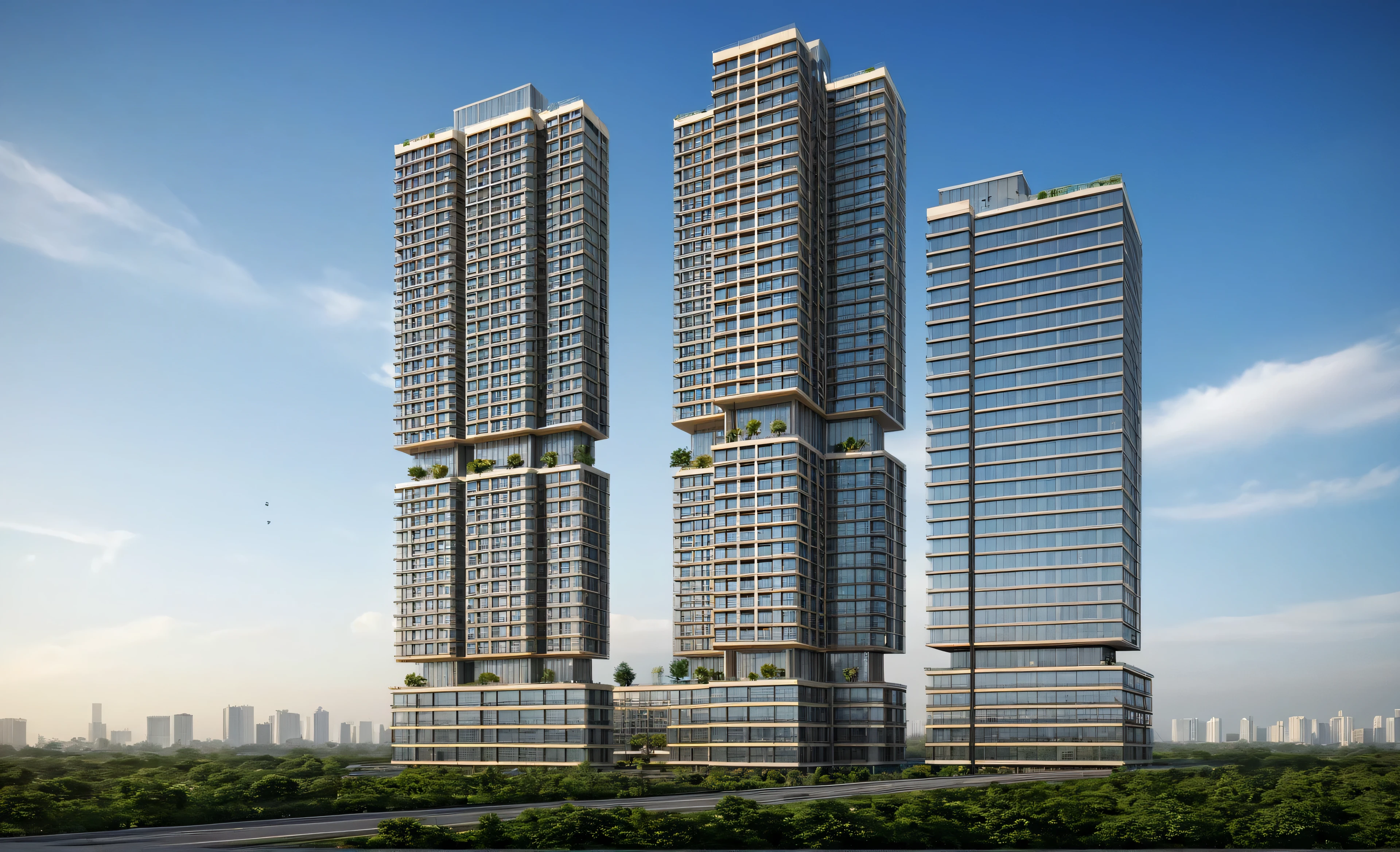 three tall buildings with a sky background and a street in front of them, mantra rendering, skybridge towers, cascading highrise, with towers, tall buildings on the sides, screengrab, jakarta, artistic render, tall towers, skyscraper forest community, mixed development, with tall glass skyscrapers, true realistic image, high rises, flat, best quality, high quality, 8k, masterpiece, textured skin, super detail, award winning