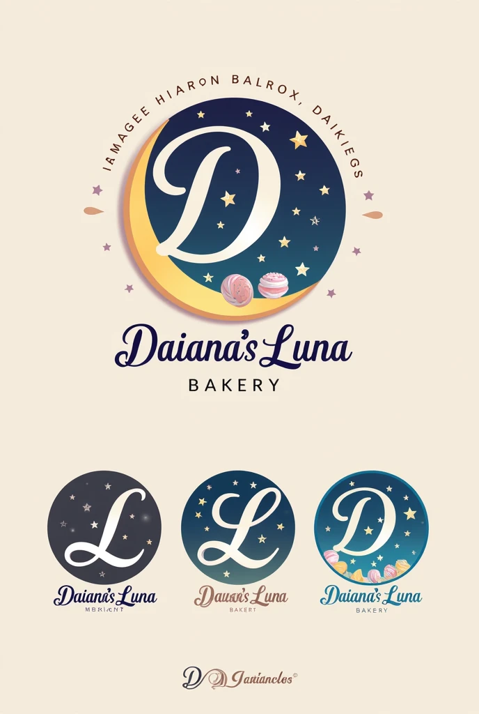 Create a logo with the initials D & L in italics, In the shape of a circle, put the name Daiana's Luna Bakery And in the background a designed drawing Combine the moon with stars that seem to be small sweets or candies, integrating pastry into the starry background of the moon.
