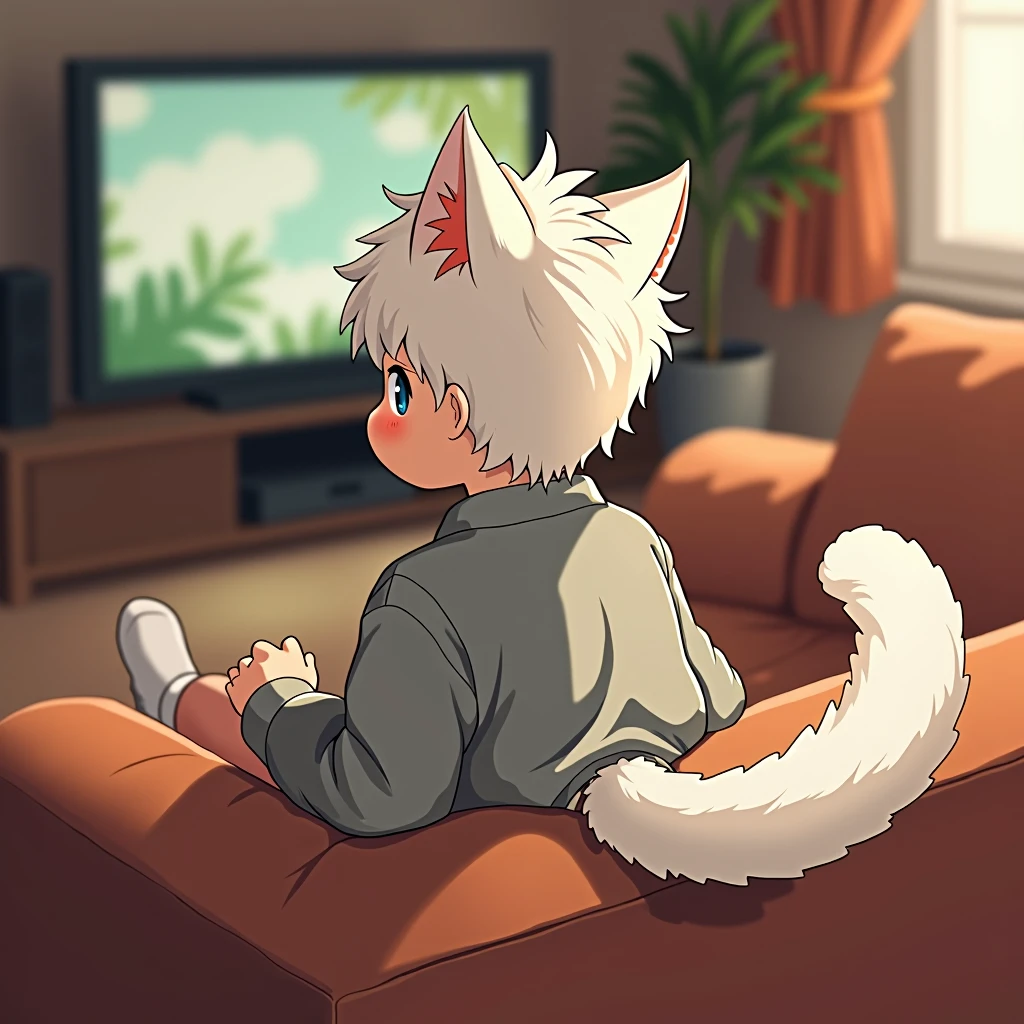 Back,男孩子的Back,长猫耳朵和猫尾巴的男孩子的Back,White short hair,White fur cat tail waving,在看电视的男孩的Back,Home Clothing,Home environment,Warmth