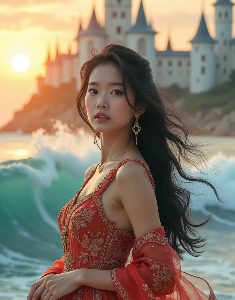 A captivating close-up photograph of a stunning beauty young Korean woman wearing luxury outfit With slightly wavy black hair, shawl on hip and gold jewelry completed her majesty. Her shawl is flew away. she is seeing to camera while gracefully posing on the crest of a dramatic wave in the middle of the sea. Her attire is a dazzling blend of vibrant colors. Behind her, a fantastical white castle floats on the horizon, white mist around the castle, enhancing the surreal setting. The waves crash around her, creating a dynamic interplay of water and light, all set against the backdrop of a fictional reality, seamlessly merging realism with fantasy, orange sunset the sky., photo, 4k quality, fixed focus lens