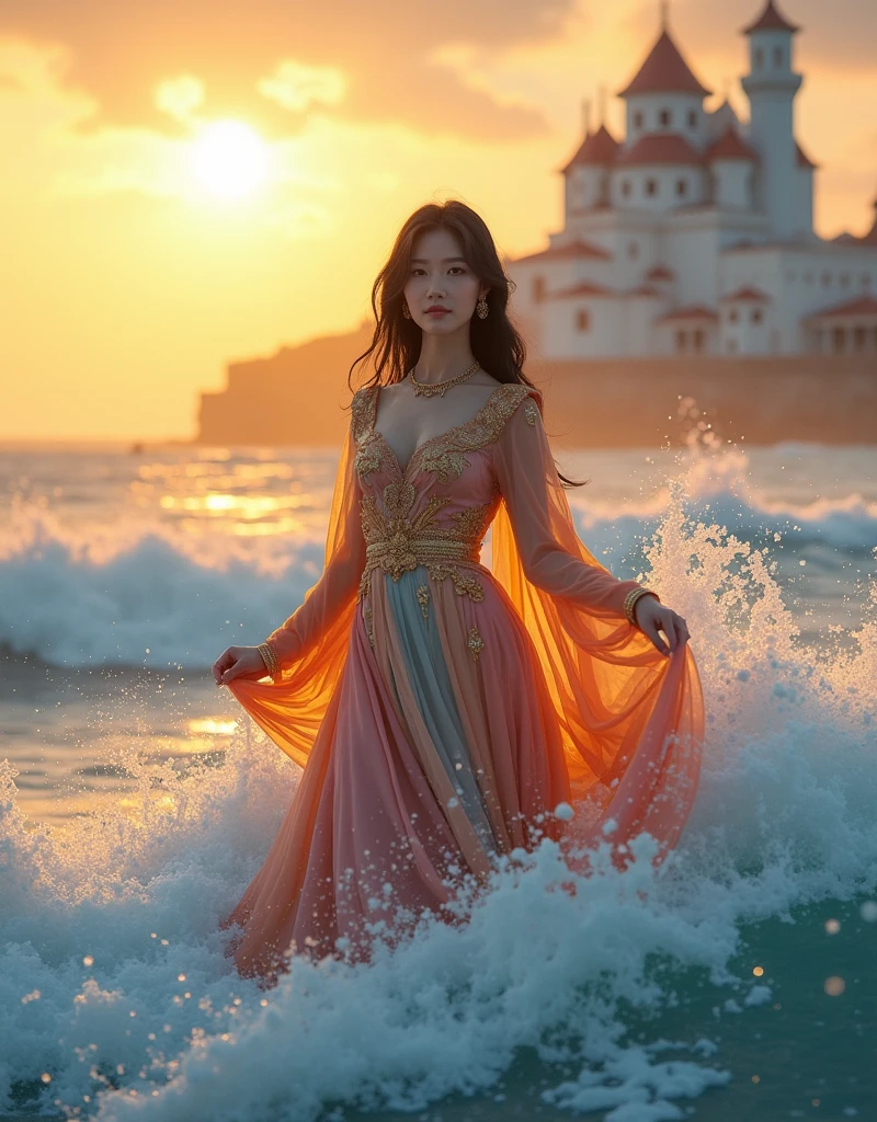 A captivating close-up photograph of a stunning beauty young Korean woman wearing luxury outfit With slightly wavy black hair, shawl on hip and gold jewelry completed her majesty. Her shawl is flew away. she is seeing to camera while gracefully posing on the crest of a dramatic wave in the middle of the sea. Her attire is a dazzling blend of vibrant colors. Behind her, a fantastical white castle floats on the horizon, white mist around the castle, enhancing the surreal setting. The waves crash around her, creating a dynamic interplay of water and light, all set against the backdrop of a fictional reality, seamlessly merging realism with fantasy, orange sunset the sky., photo, 4k quality, fixed focus lens