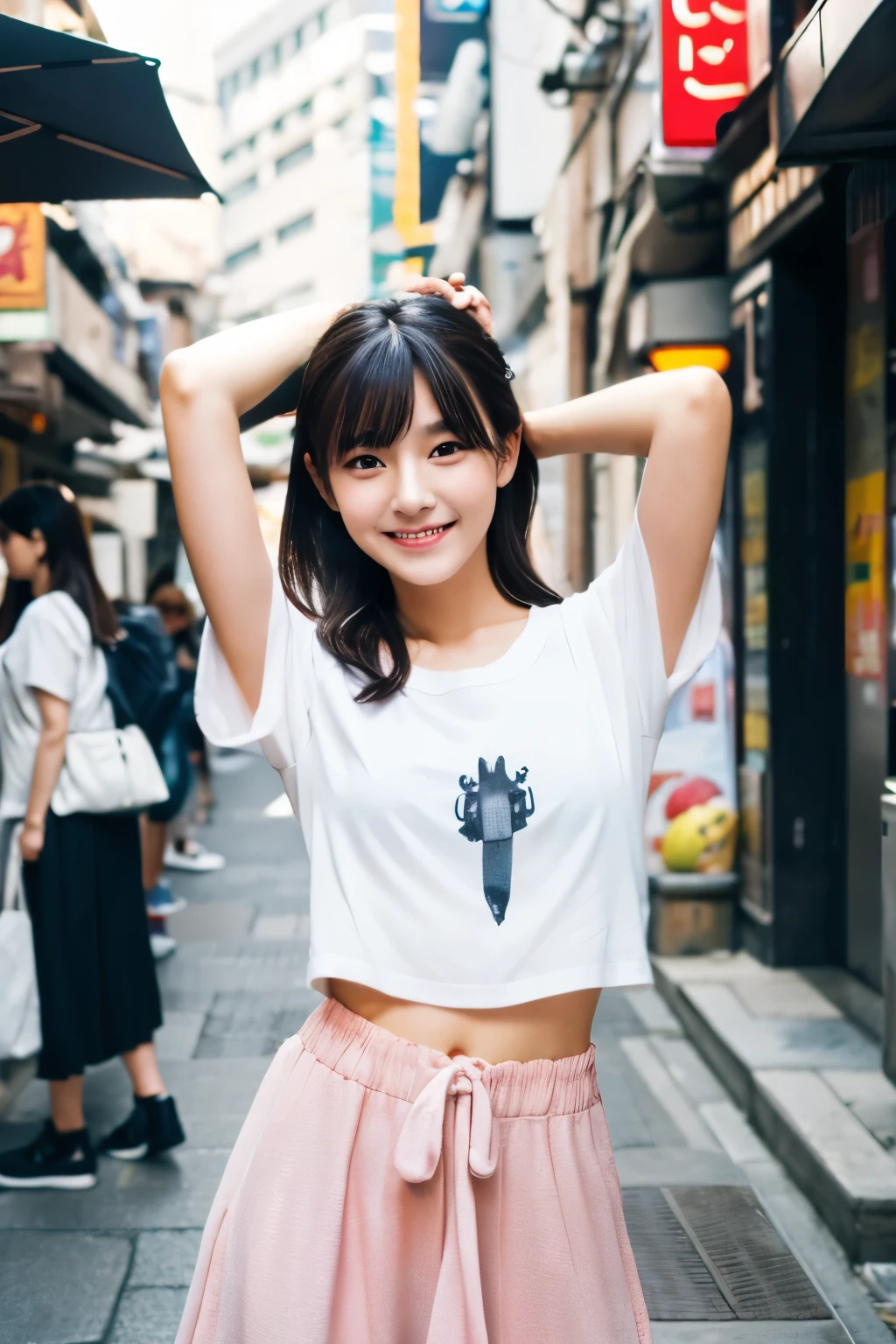 1girll, 165cm,Japanese idols and fashion models ,maturity,popular magazine models,Cool,22nd instar,slender body, C cup,A darK-haired,Straight hair(Do not tie your hair down),Feline order,Whole body, Hair up to the waist, Whole body,((From head to foot)),8k, Raw photo, Best Quality, masutepiece,Realistic, Photorealsitic,Cute(Front Focus), A bright photo taken on a street corner in Osaka, photos realistic, Dynamic lighting, art stations, poster for, voluminetric lighting, extra detailed face, 4 k'',Daytime photos,low tune, The costume is monochrome and gal type.,Long hair,a smile, (Perfect Anatomy)a woman in a,summer.Cute eyes