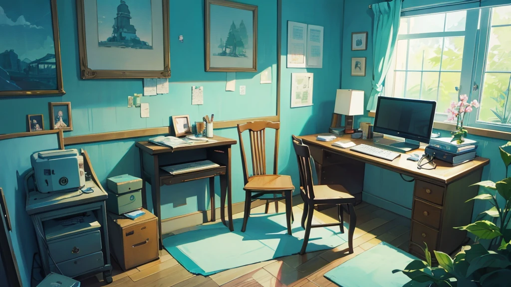 音楽を聴いているGhibli style男性　Ghibli style　Desk and chair