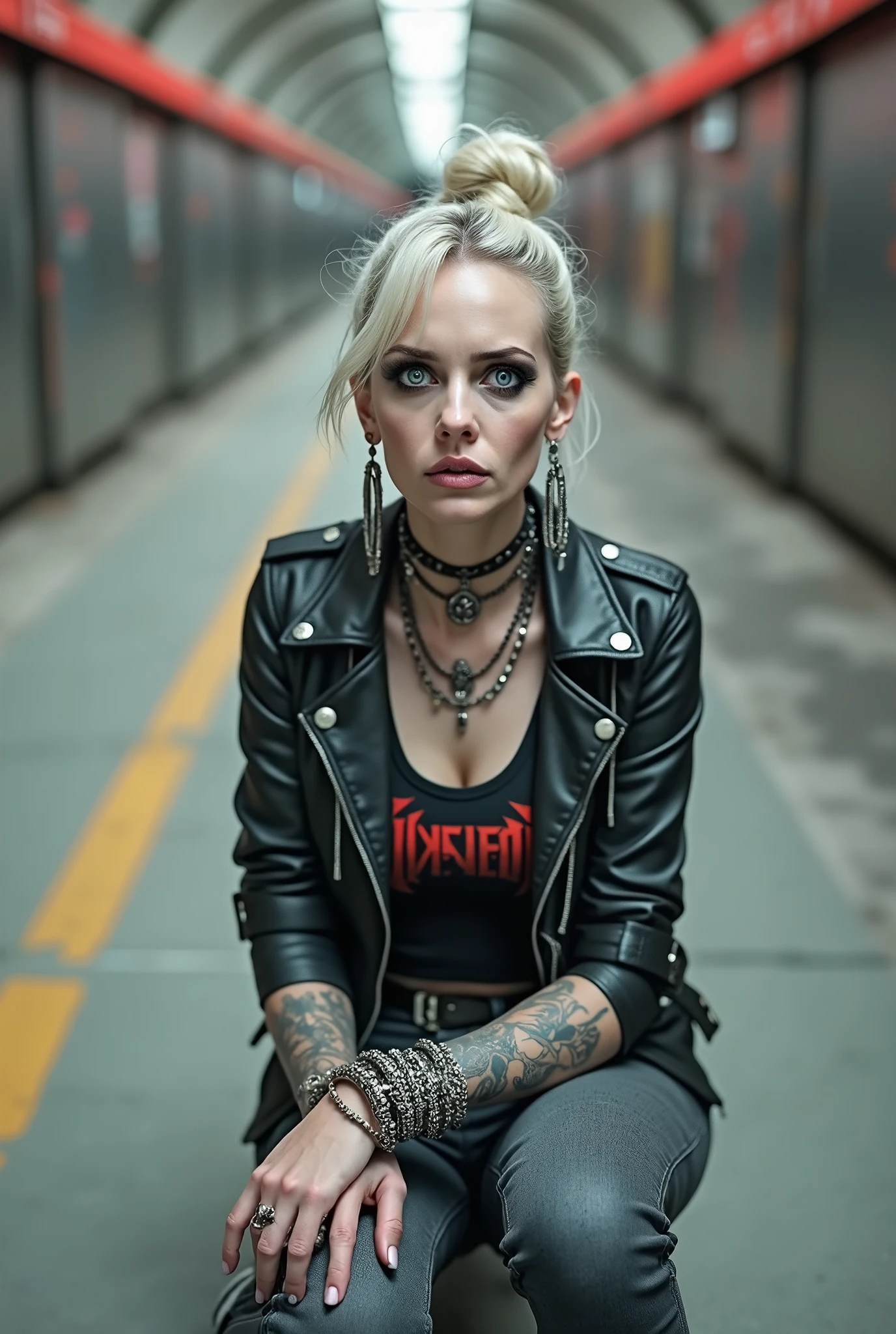 russian milf, platinum blonde hair in top bun ,with very light blue eyes, pale, heavy eye shadows. Sad face, big eyes, smeared make up. Wearing black moto jacket, cropped metal band t-shirt, black skinny jeans and white tennis sneakers. Lots of metallic braceles and collars. Tattoed. Tacky leather belt with oversized buckle. Wide loop earrings. Scared face. Sitting on the ground. Seen from behind