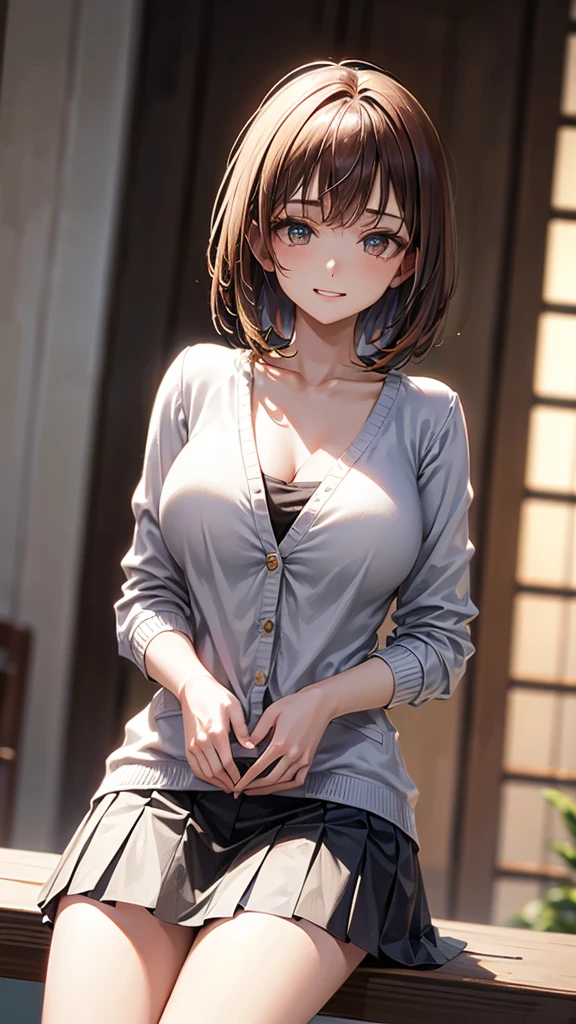 1 female, (Beautiful face with detailed shading), whole body, 40s, (Big Breasts), Beaver, Brown eyes, (Pink Cardigan), Open cardigan, White camisole blouse, (Yellow pleated skirt), White knee-high, On the bed, (Tabletop)), ((Highest quality)), (Very detailedな), ((attractive)), ((Very detailed)), 4K, (8k), Highest quality, (beautiful),(((World Class Quality))), Very detailed, High resolution,