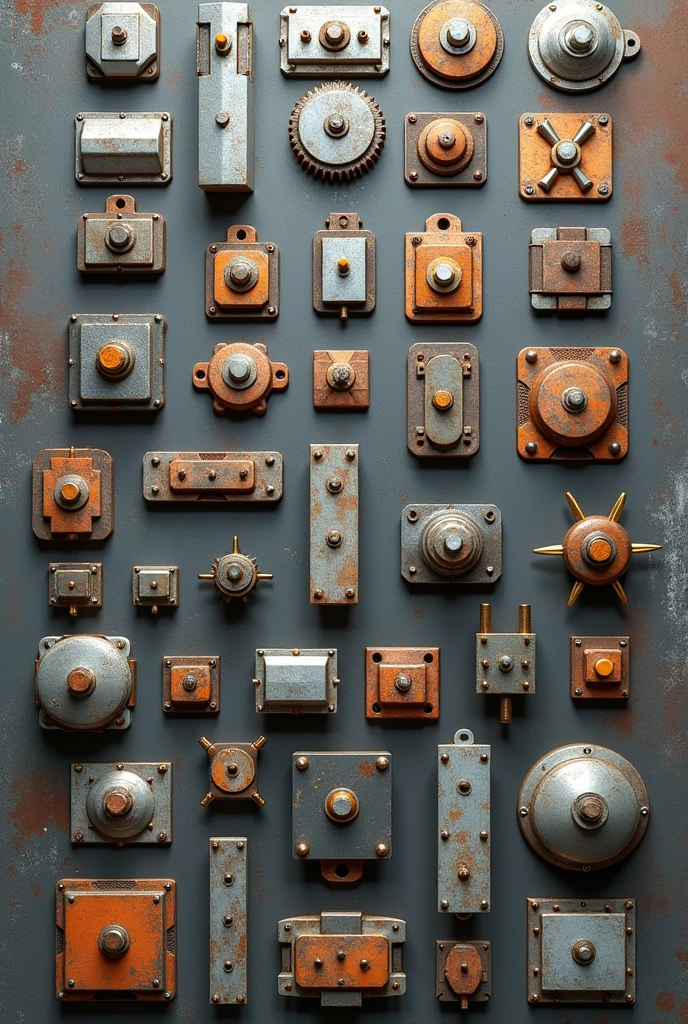 make a picture of riveted pieces of different sizes organized by size and shape
