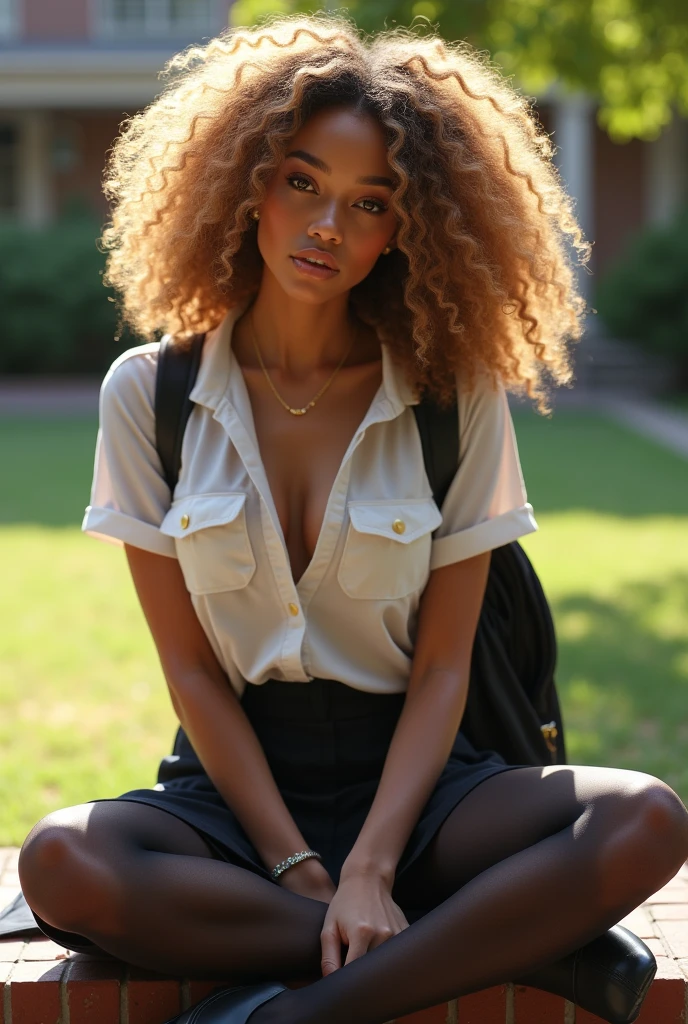 Show entire body, feet in view, gorgeous mixed race super model, medium build, slim waistline, pretty face, curly blonde hair, visible nipple, necklace, DD breasts, wearing American school uniform, plaid , wearing sheer black pantyhose, sneakers, backpack, smiling, sitting outdoors, sunny day, university quad, a male wearing a men’s school uniform sits next to her, the female’s legs rest on his lap