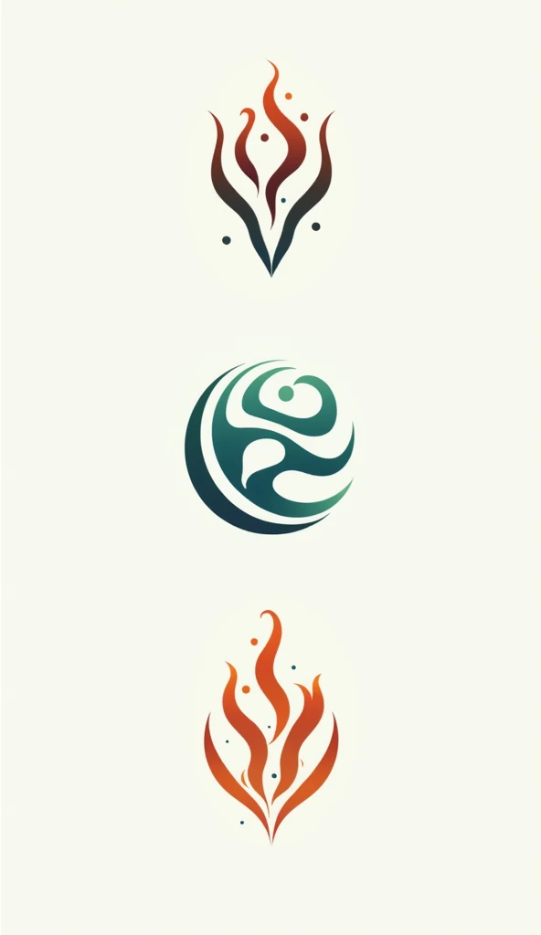 Design three unique symbols for a fantasy story, each representing one of the characters and their associated elements. The first symbol is for Nereida, representing Water. It should incorporate flowing lines, waves, or droplets, evoking a sense of fluidity, emotions, and adaptability. The second symbol is for Gael, representing Earth. This symbol should include solid shapes like rocks, mountains, or trees, symbolizing stability, security, and groundedness. The third symbol is for Ignis, representing Fire. It should feature sharp, dynamic lines or flame motifs, embodying energy, passion, and intensity. The overall style should be minimalist and cohesive, with each symbol clearly reflecting the essence of the character it represents.