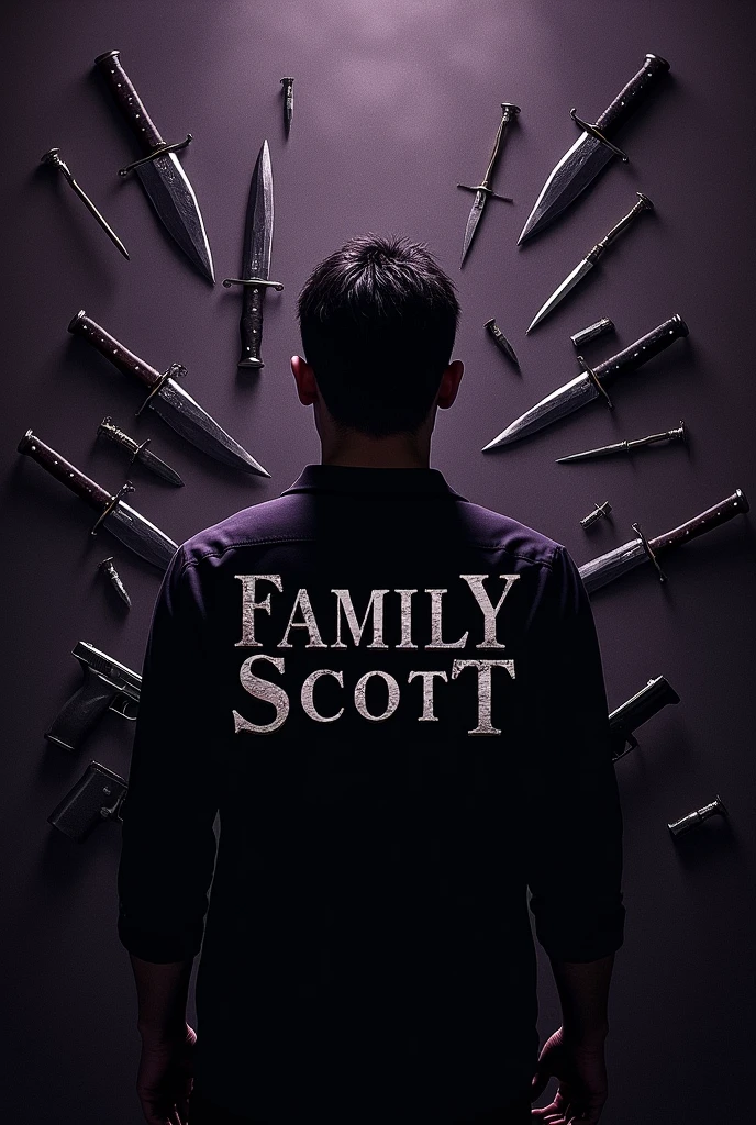 an image with a dark purple background mixed with black and in front written Family Scott With knives and guns in the background giving a black detail