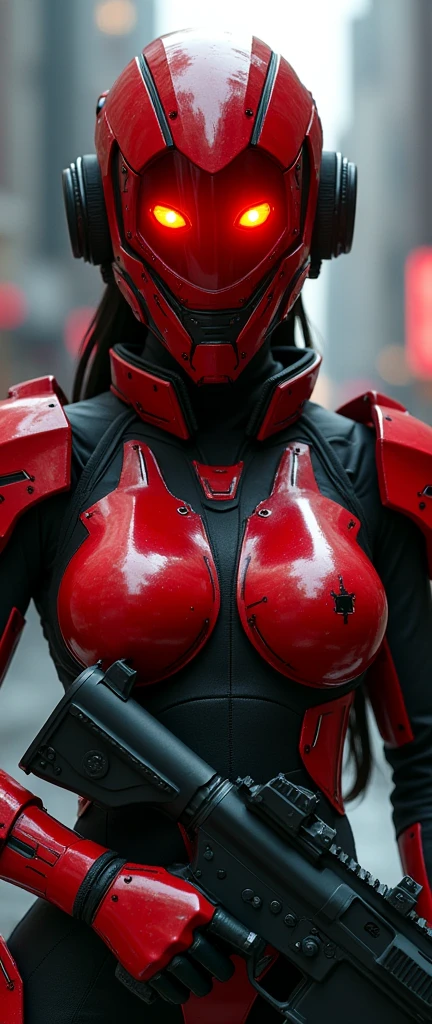 A full body front view of the female warrior with a large breasts, dressed in striking and imposing red and black armor adorned with LED head-mounted spotlight that casts a bright yellow beam of light. The piercing red and orange human eyes behind the red transparent glass face shield built into the helmet stand out against the cyberpunk cyber city backdrop, radiating intensity. his right hand firmly grips a gun, while the background creates a dramatic contrast to his bold attire.