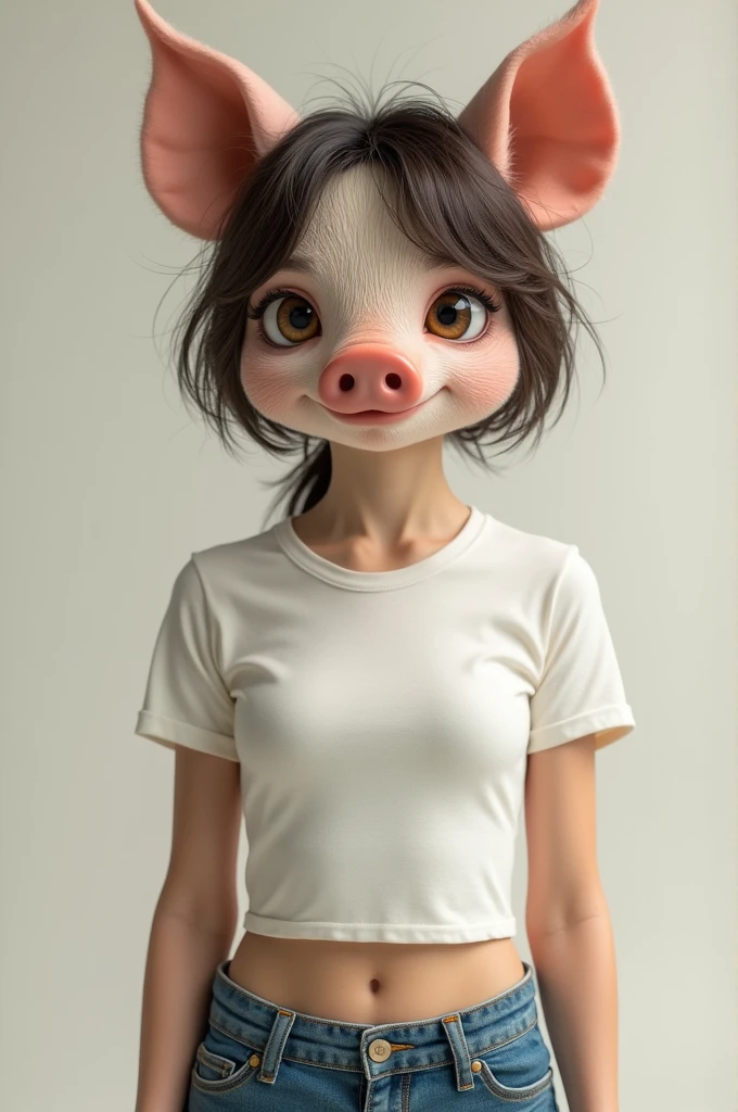 Pig face girl with white crop top and jeans with brown and black hair