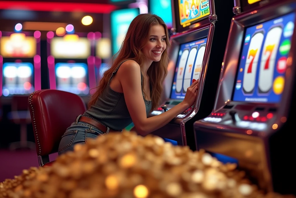 Woman playing slot machine, mid-shot, sitting position, hand on lever, 777 jackpot display, massive gold coin overflow, coins dominating foreground and floor, excited expression, stylish casual wear, vibrant casino lights, dynamic coin cascade, slot machine prominent beside woman, rattling coins sound implied, mix of focus between woman and coins, lucky moment captured, contrast of machine and flowing coins