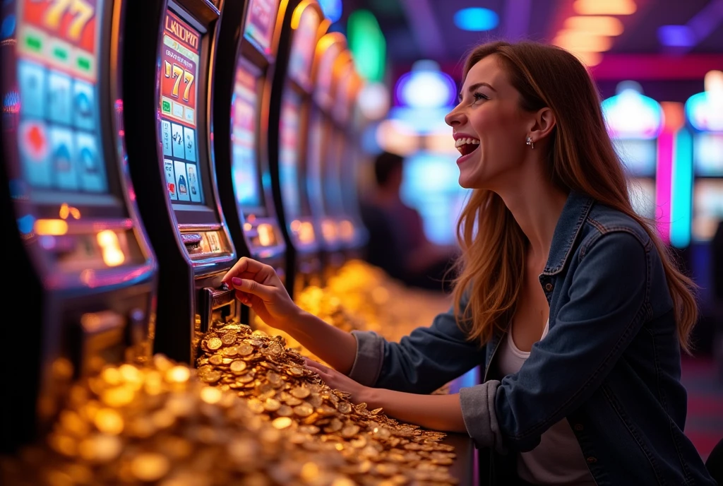 (Ecstatic woman, winning jackpot, playing casino slot machine), 777 display, gold coins raining down, overjoyed expression, arms raised in celebration, radiant smile, sparkle in eyes, vibrant casino lights, coins piling around her feet, lucky moment, dynamic pose, stylish outfit, confetti in air, blurred background, emotional impact, life-changing win, close-up on face, luxurious atmosphere