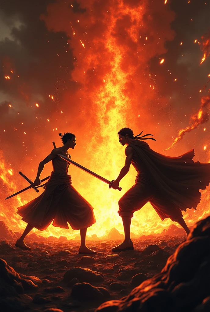 Roronoa Zoro fighting Itachi Uchiha in a volcano full of fire