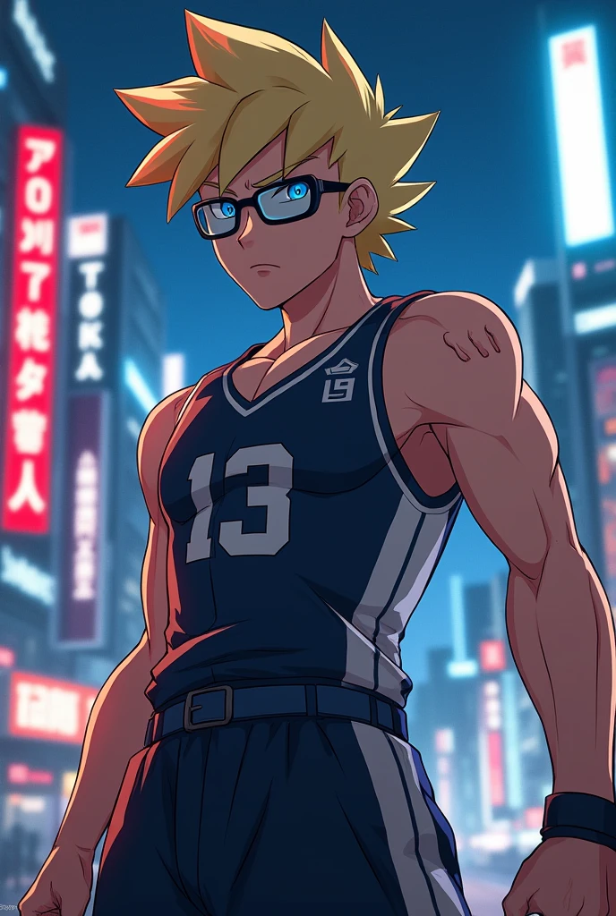 Male, pokemon trainer style, medium length hair, blonde, blue eyes, looks fierce, NBA singlet and shorts, rectangle sunglasses, tokyo night background