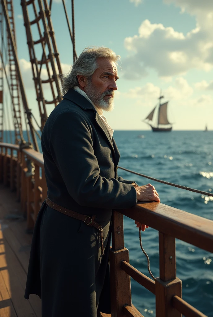 1812 man standing at the stern of a ship thinking about his past