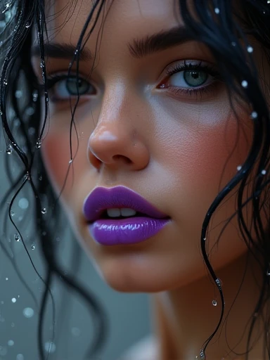(Masterpiece.uhd.photorealistic) an ultra hot gorgeous European woman. Age 23. Voluptuous hourglass body. Baby face. Huge boobs. (( extreme close up on her full purple lips.)) rainy day.