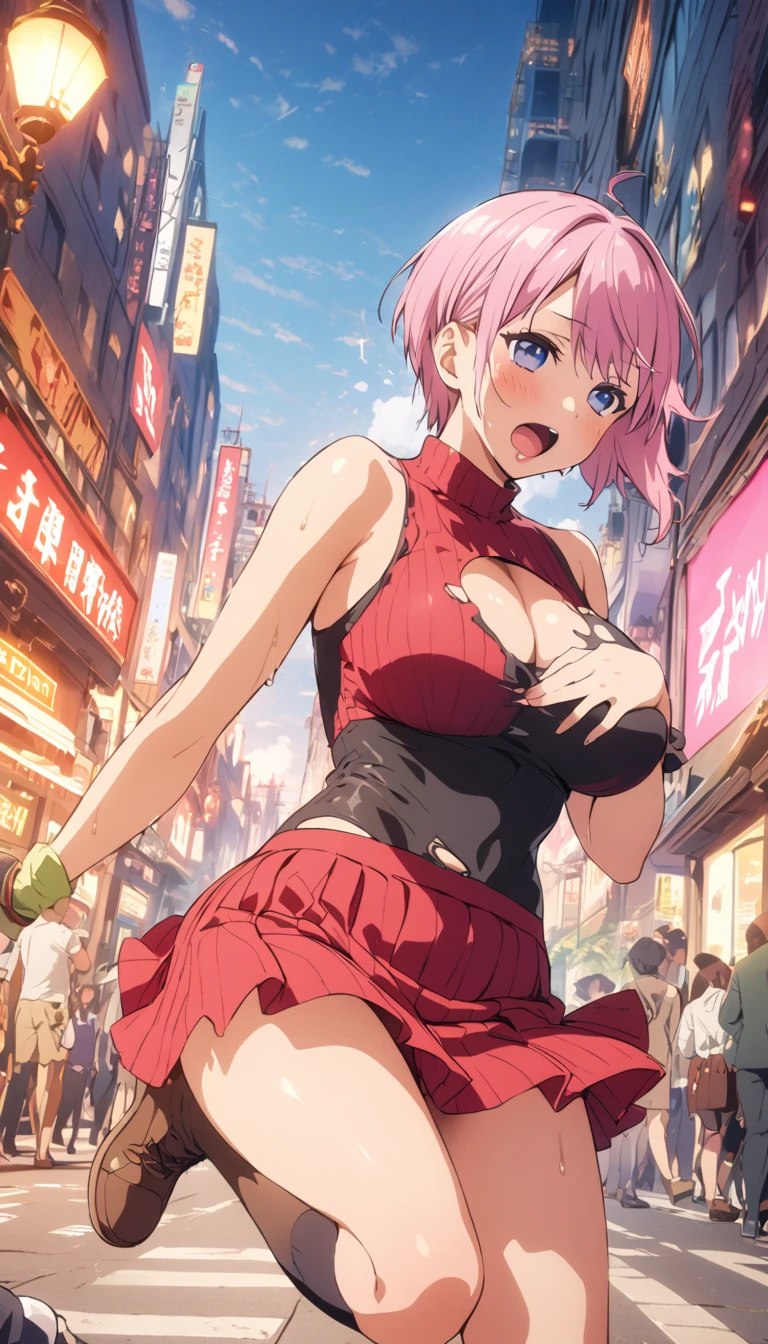(Highest quality, 4K, 8k, High resolution, masterpiece:1.2), Very detailed, Picturesque, Animated Photography, Photo Animation:1.37)、Japanese、(Pink Hair)、(Pixie Cut)、Downtown at night、Ecstasy face、High neck sleeveless、mini skirt、Torn clothes、Hide your chest、running、Sweat、Are crying、vapor、Open your mouth、Nakano Ichika
