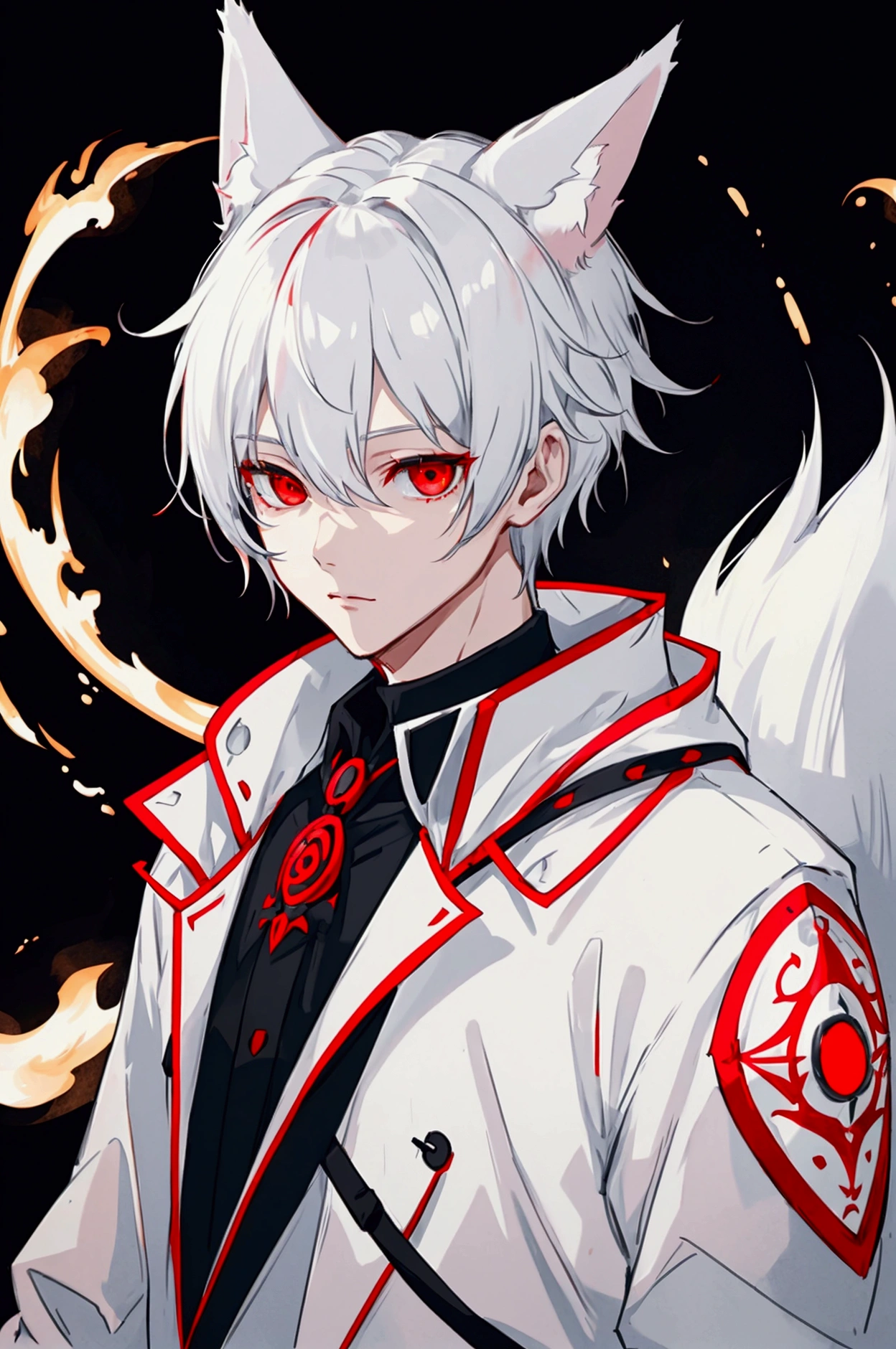 Silver hair, short hair, red eyes, cute face , White fox ears, nine white fox tails, There is a white fox mask on the top right of the head,white jacket,boy