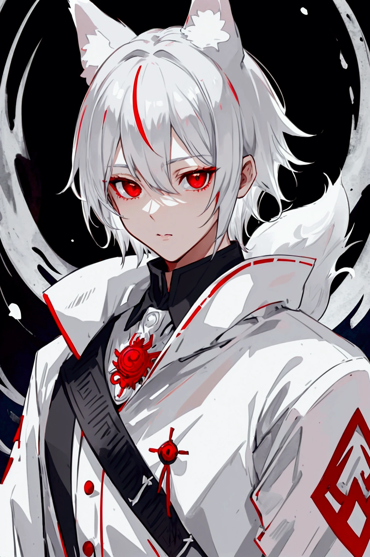 Silver hair, short hair, red eyes, cute face , White fox ears, nine white fox tails, There is a white fox mask on the top right of the head,white jacket,boy