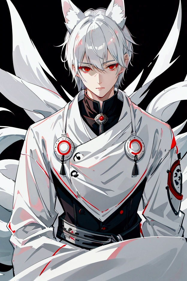 Silver hair, short hair, red eyes, cute face , White fox ears, nine white fox tails, There is a white fox mask on the top right of the head,white jacket,boy
