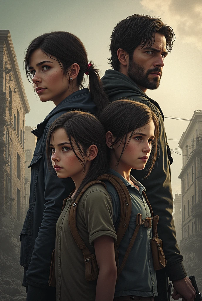 Generate me an image of the cover of a book about the last of us where four characters Nick, 28 years old, appear, 16 year old girl, Ellie, 17, and Joel, 30
