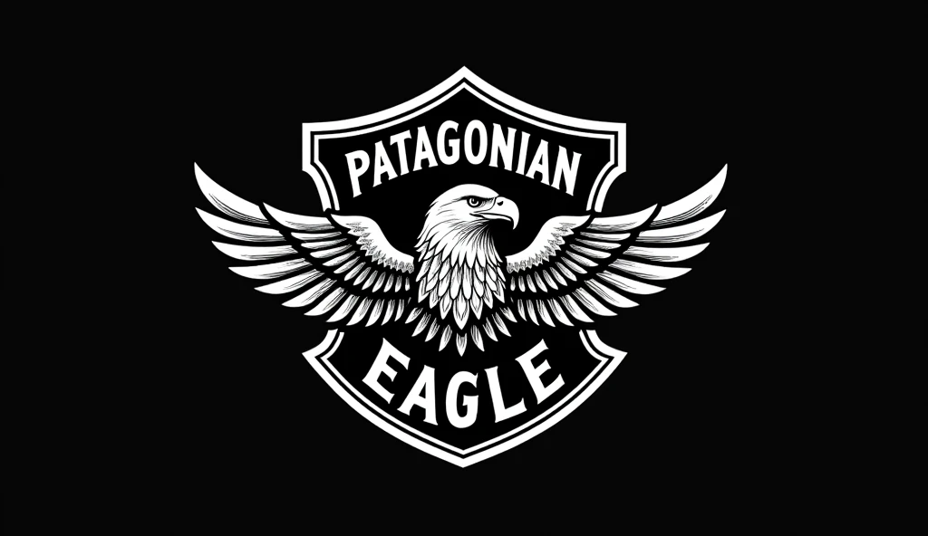I wanted a logo with a black background and white lines and figures in the style of a motorcycle logo., Using Harley Davidson style shields or similar and an old school style with a black background and white lines and figures. Inside the shield at the top of the logo it has to say the word "patagonian" and at the bottom the word "eagle" and in the center the figure of an eagle or the head of an eagle.
