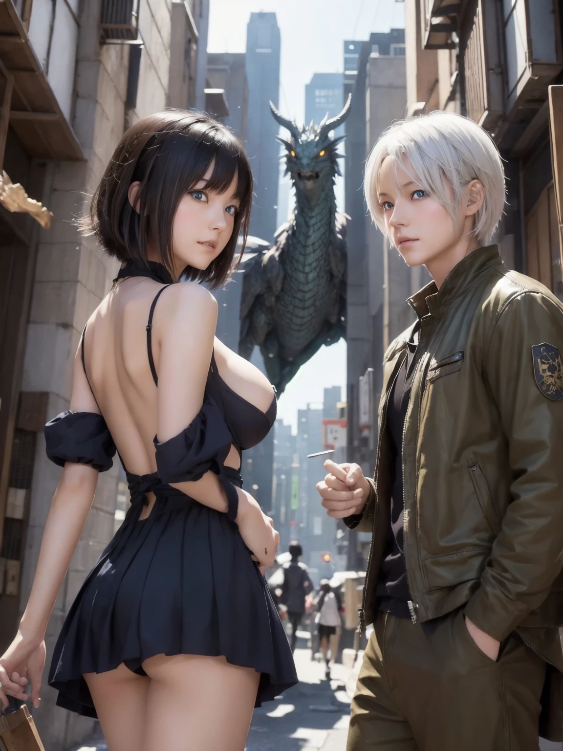 (masterpiece, best quality),Anime couple、Walking through a sci-fi city filled with feasts and debauchery. A Cute girl with waist-length white hair and golden eyes,detailed eyes,Leading a beautiful woman with medium length hair.,blue eyes,large breasts, The shadows of a dragon and a phoenix emerge behind him.. Close-up perspective. Concept art Makoto Shinkai,Makoto Shinkai, I love the concept art, Loss transformer. Landscape Background,