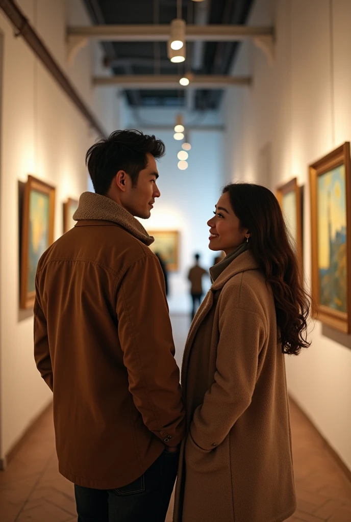 Tanned japanese handsome tall man and a beautiful tanned japanese woman, both wearing warm winter outfit in soft colors, the woman;s hair is long wavy loose, highlighted brown. they stand in a slightly distance talking and discussing van gogh paintings on the gallery indsutrial building. picture from their back. the gallery wall is white nuance, cozy and warm inside. focus on couples. Over-the-shoulder shots, ultimate photorealistic.