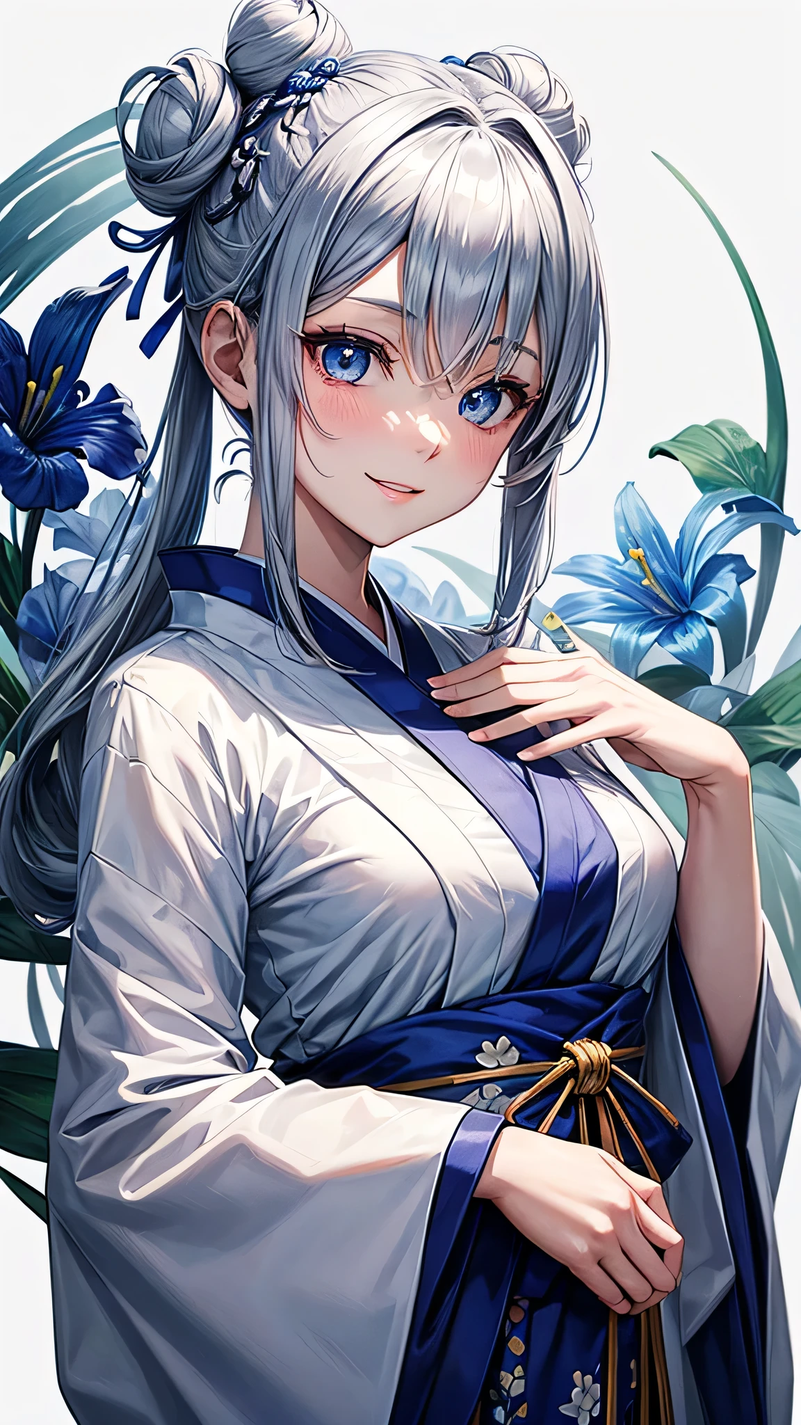 Anime character, half body only, upper body only, half body portrait, posing like a model, good looking, beautiful, full of details, aesthetic, hd, masterpiece art, amazing work. Solo, young lady, hair in bun, one bun, just one bun, flower accessories in bun, bluish gray colored hair, Lady, blue eyes, smile, elegant look, elegant carrying, white Japanese kimono, blue decoration, Lily flower theme, eyes facing camera, there are no hands to hinder the appearance, simple background.