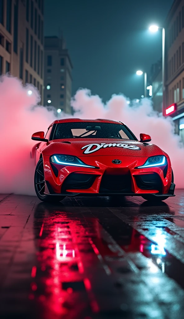 a Toyota Supra MK4, red color, racing look, unique text "Dimas", drifting at night city street, dynamic movement, smoke effect, cinematic lighting, mist, volumetric lighting, ultra-detailed, photorealistic, dramatic, gorgeous colors
