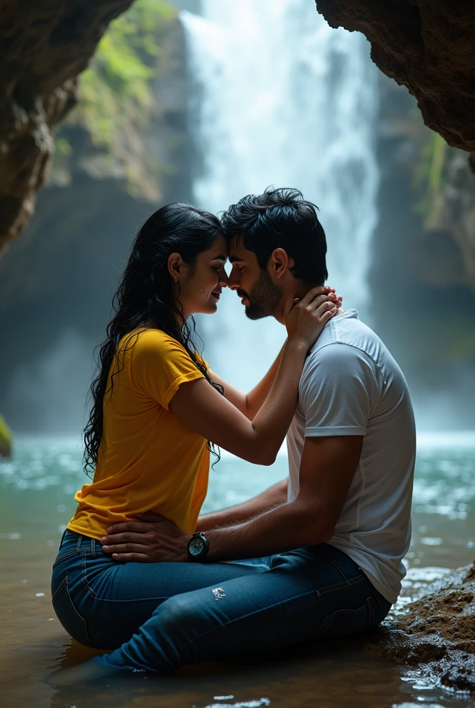 INDIAN 20 year old girl wears yellow tshirt and jeans, seating with 39 year old handsome indian man who wears white tshirt. Both are seating in a cave, behind the waterfall, and hugged each other.  Both are wet and their tshirts are wet.