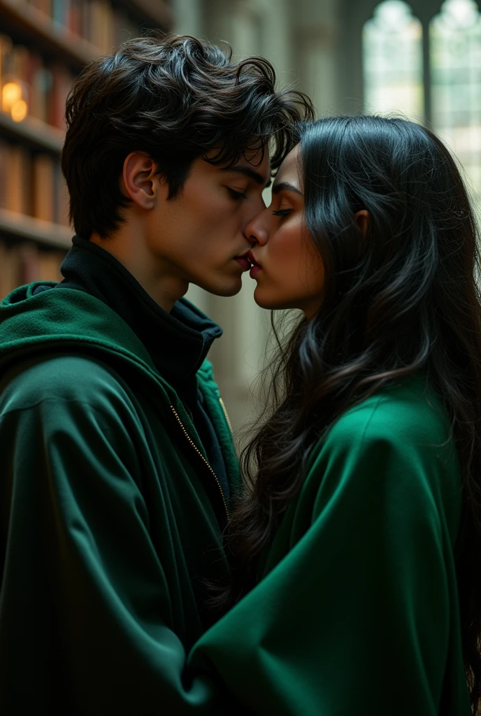 Generates an image of Lorenzo Zurzolo as Theodore Nott kissing a black-haired girl with dark brown Slytherin eyes. Both in the Hogwarts library. With their Slytherin uniforms. 